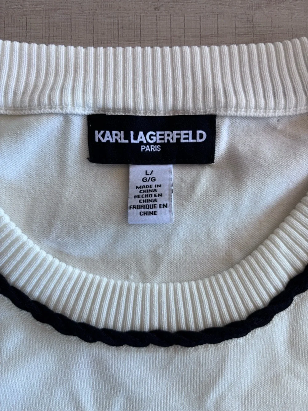 Karl Lagerfeld White Knit Sleeveless Sweater Vest Embroidered Logo Black Trim L - Picture 4 of 6